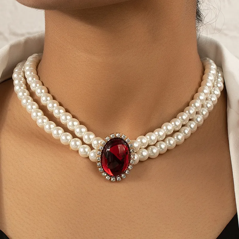 Faux Pearl Choker with Red Gem Centerpiece