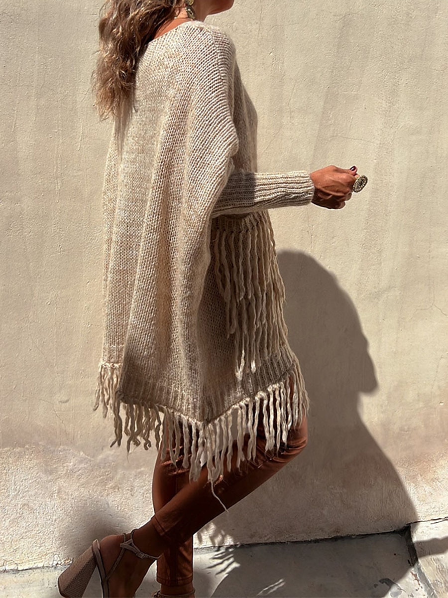 Crew Neck Tassel Pocket Ribbed Knit Sweater Camel & Green Casual