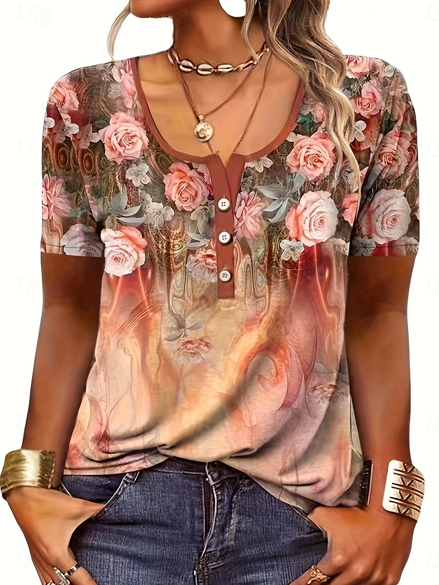 Ombre Floral Button Short Sleeve Tee